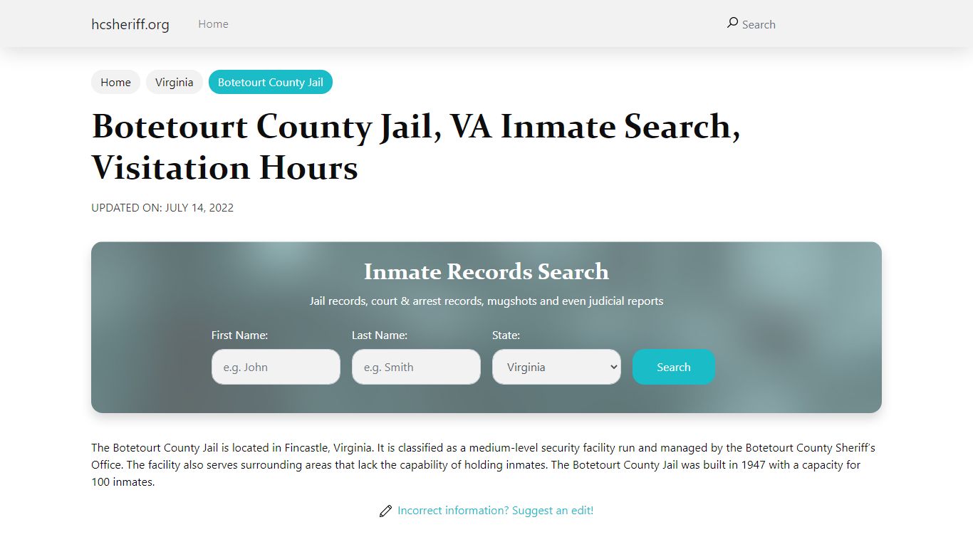 Botetourt County Jail, VA Inmate Search, Visitation Hours