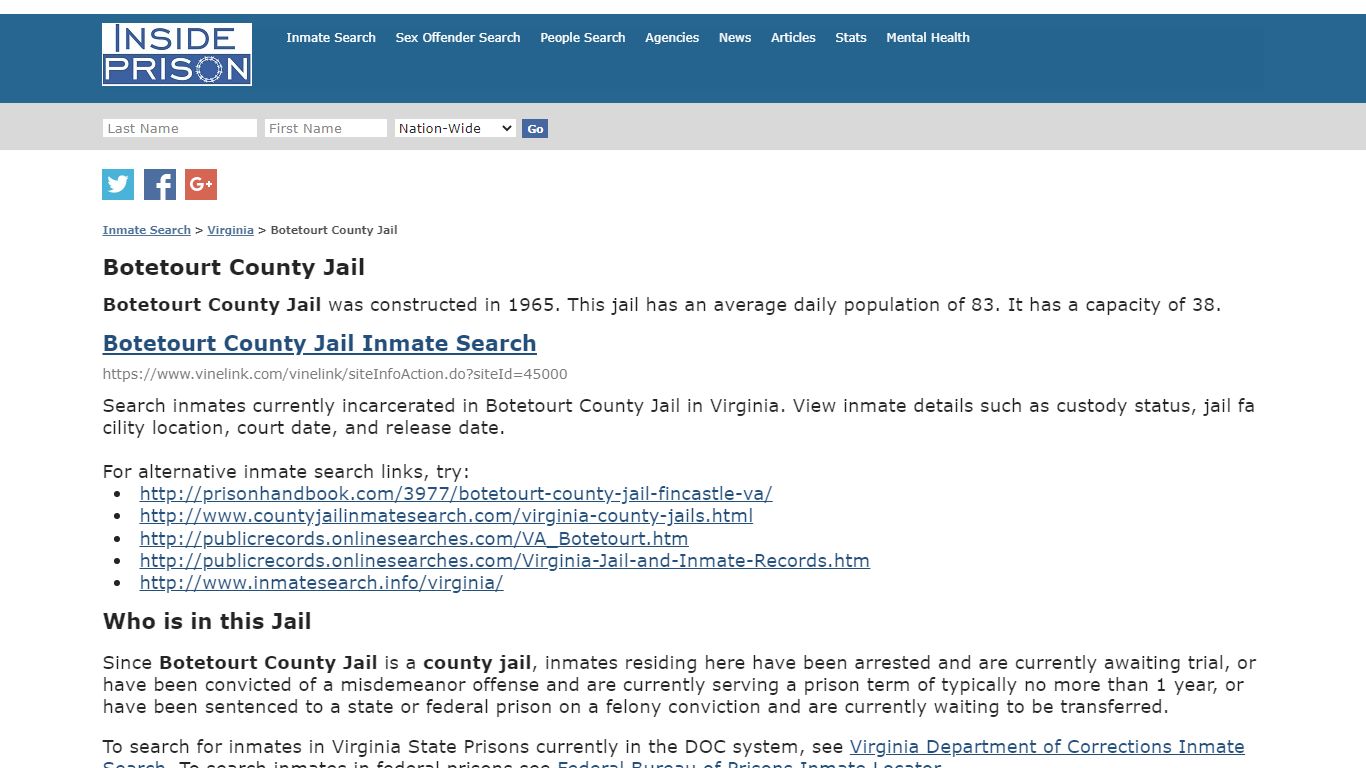 Botetourt County Jail - Virginia - Inmate Search